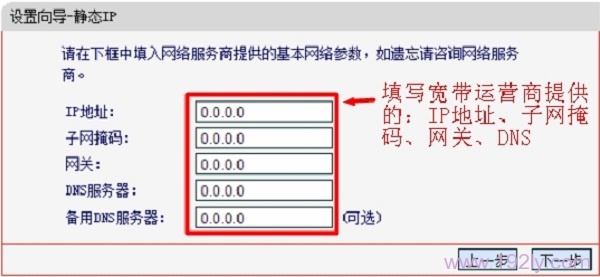 设置静态IP上网所需的IP地址、子网掩码、网关、DNS信息