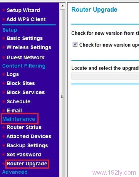 在 维护>路由器升级 选项下，上传NETGEAR路由器固件，进行升级