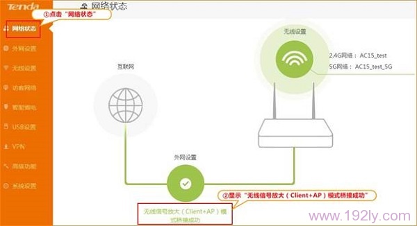 检查腾达AC15路由器上，无线信号放大（Client+AP）设置是否成功