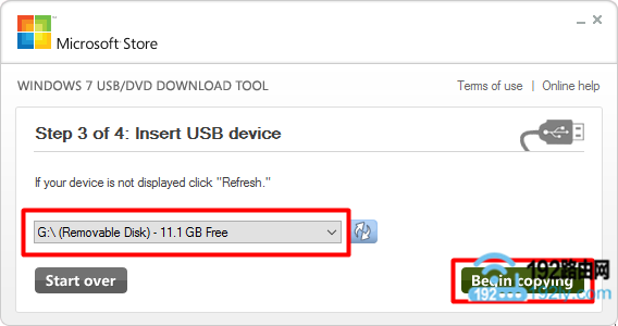 选择U盘,然后点击“Begin copying”