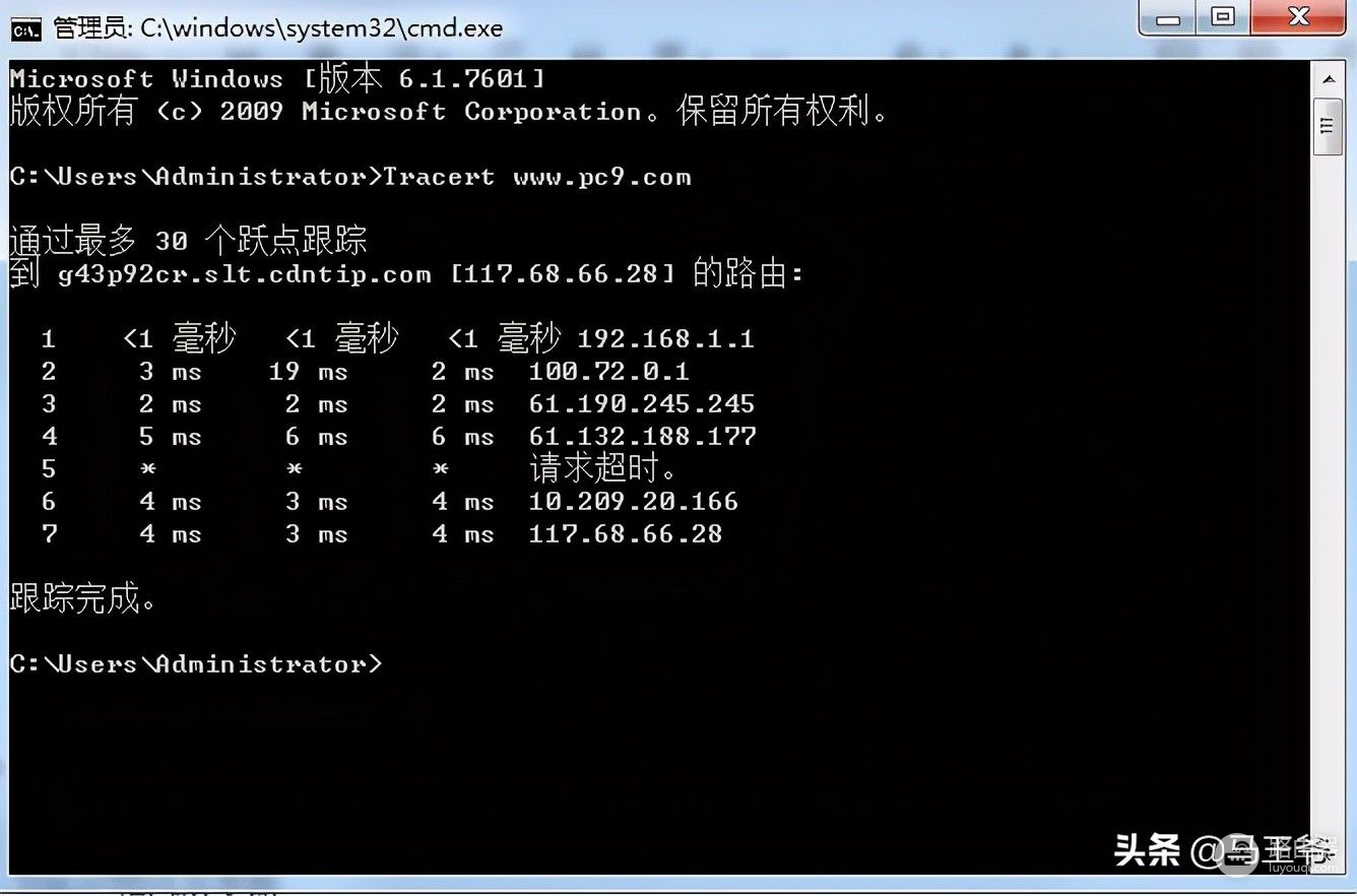 测试网络路由路径工具：Tracert命令