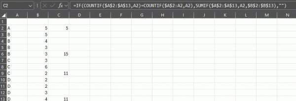 Excel相同项最后一行汇总教程：根据A列重复项自动计算B列总和