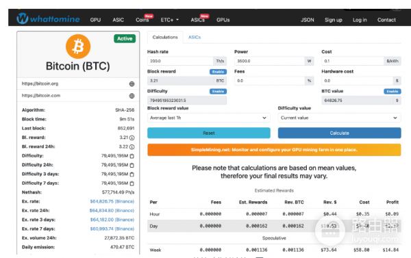 如何计算自己的挖矿收益? 如何使用比特币挖矿计算器?