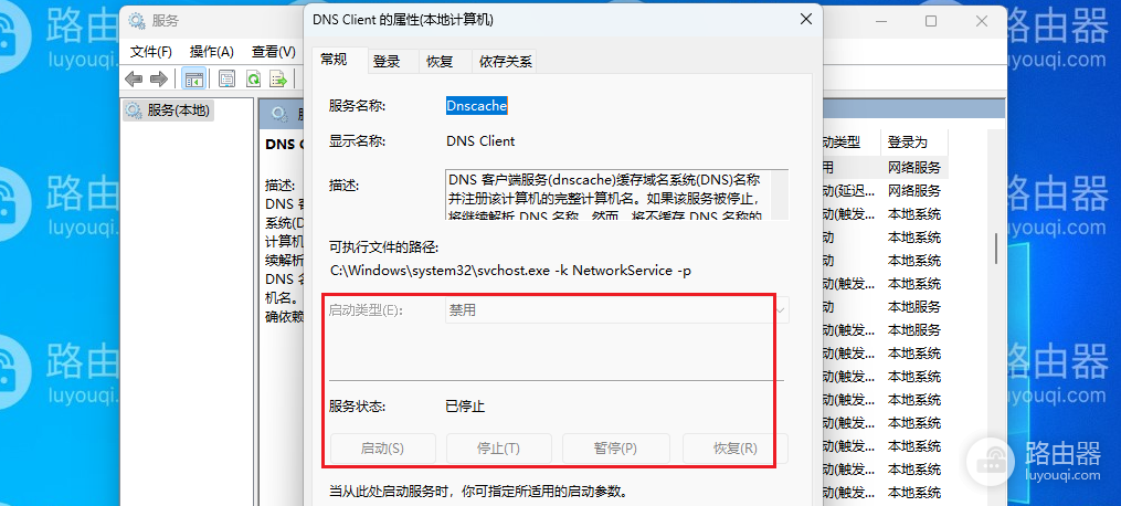 win11系统中DNS Client服务启动类型为禁用而且所有按钮为灰色无法启动怎么办