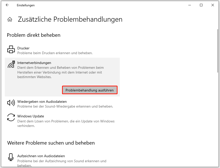 Problembehandlung für Internetverbindungen ausführen